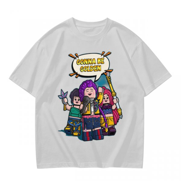 Olive T-shirt with Lego-style characters and 'Gonna Be Golden' print