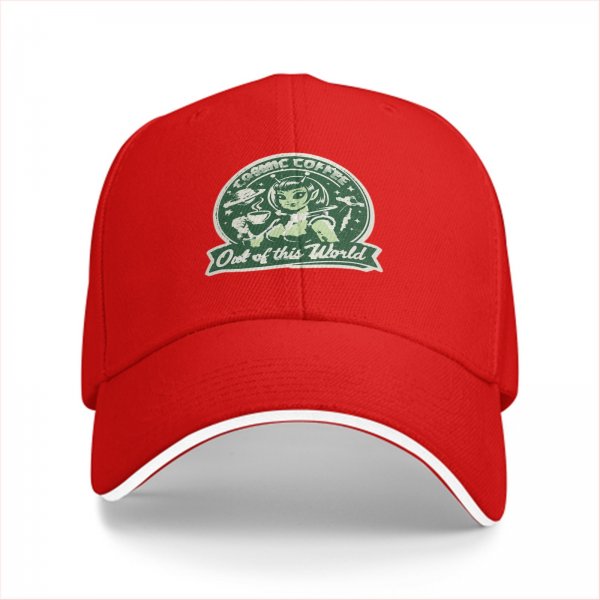 Black baseball cap with cosmic coffee alien girl graphic