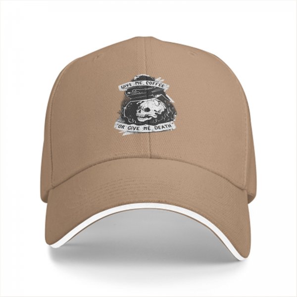 Black baseball cap with 'Give Me Coffee Or Give Me Death' skull graphic