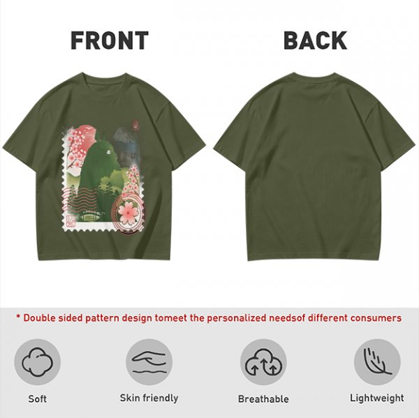 Olive T-Shirt with Totoro Cherry Blossom Stamp Art Print