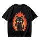 Olive T-Shirt With Cute Black Cat Thumbs Up On Flames Graphic