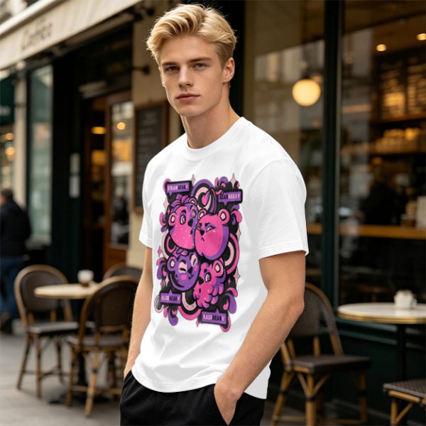 Olive T-shirt with playful bear-fruit graphic print