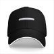 Black baseball cap with small text graphic on front panel