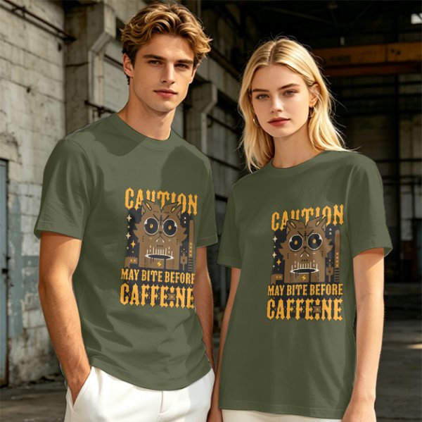 Olive Graphic T-Shirt With 'Caution May Bite Before Caffeine' Angry Cat Print