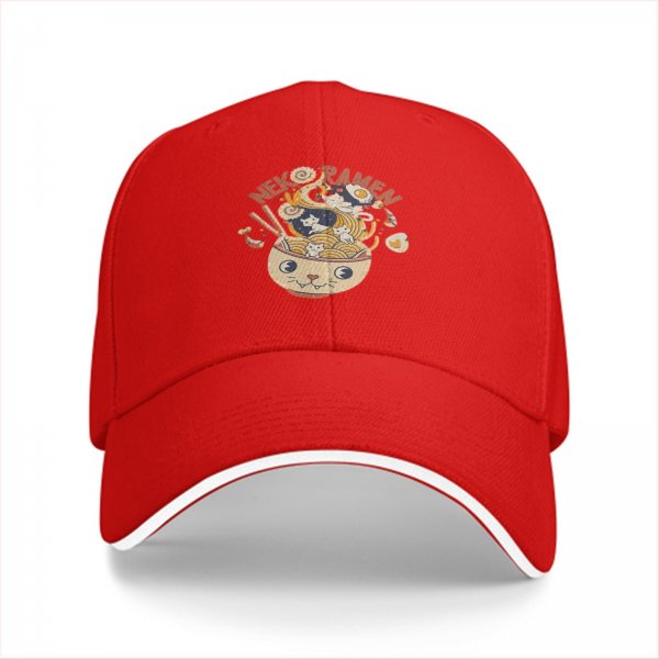 Black Baseball Cap With Cute Neko Ramen Cat Bowl Graphic