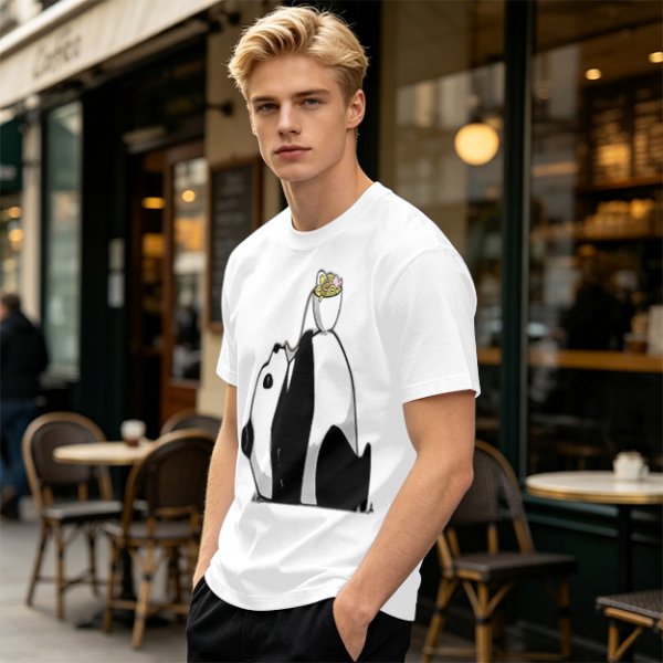 Olive T-Shirt With Panda Balancing Ramen Bowl Print