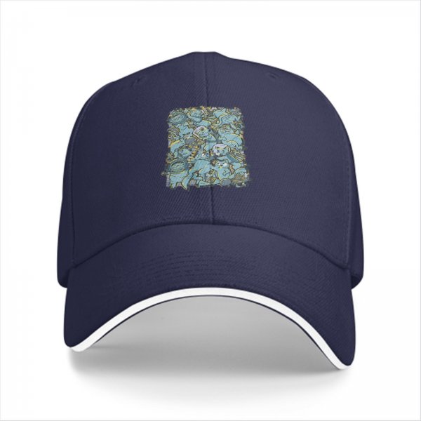 Black Baseball Cap With Blue Whimsical Character Print