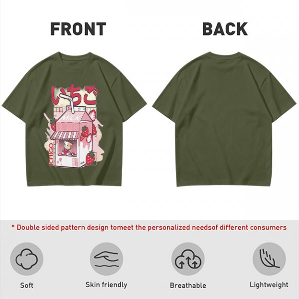 Olive T-Shirt with Strawberry Milk Carton Cat Shop Graphic