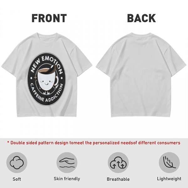 Olive t-shirt with 'New Emotion Caffeine Addiction' coffee cup graphic