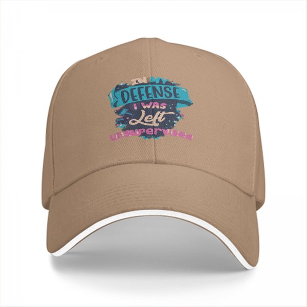 Black baseball cap with 'In My Defense I Was Left Unsupervised' print