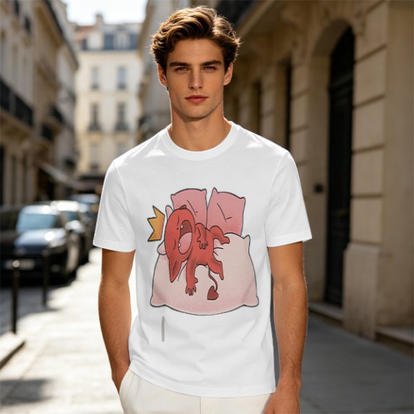 Olive T-Shirt With Cute Red Imp Yawning On Pillows Print