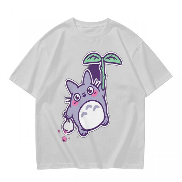 Olive T-Shirt With Cute Chibi Totoro Holding Leaf Print