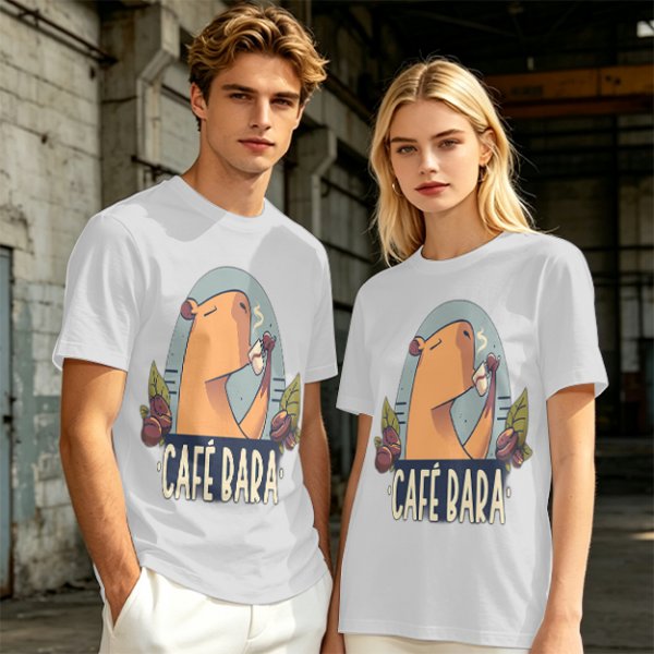 Olive t-shirt with capybara drinking coffee graphic