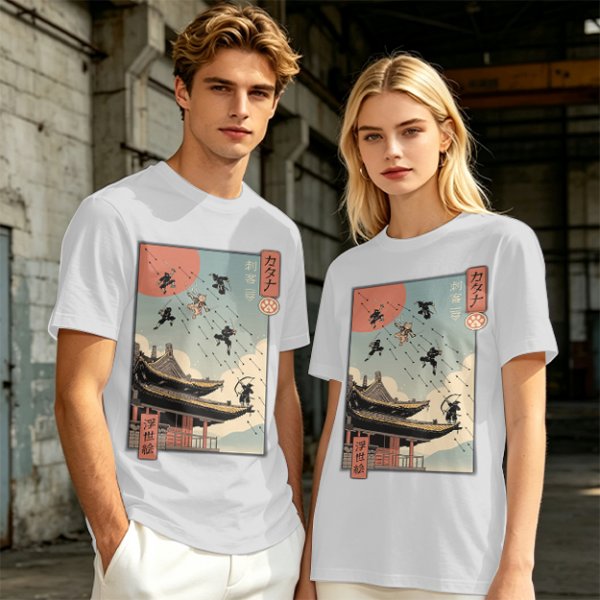 Olive T-Shirt with Ukiyo-e Style Ninja Temple Print
