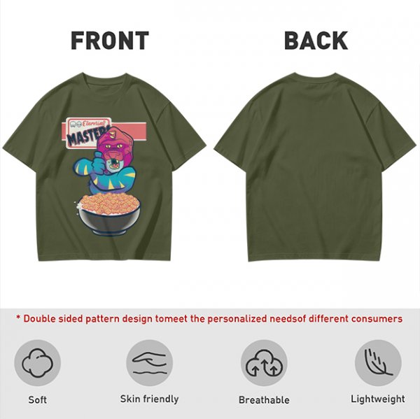 Olive T-Shirt With Cartoon Monster Cereal Bowl Graphic And Eternal Masters Text