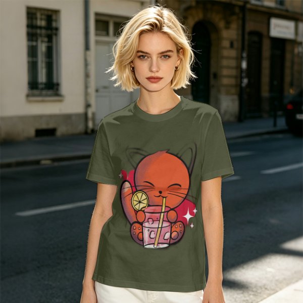 Olive Green T-Shirt With Cute Orange Cat Drinking Cocktail Graphic