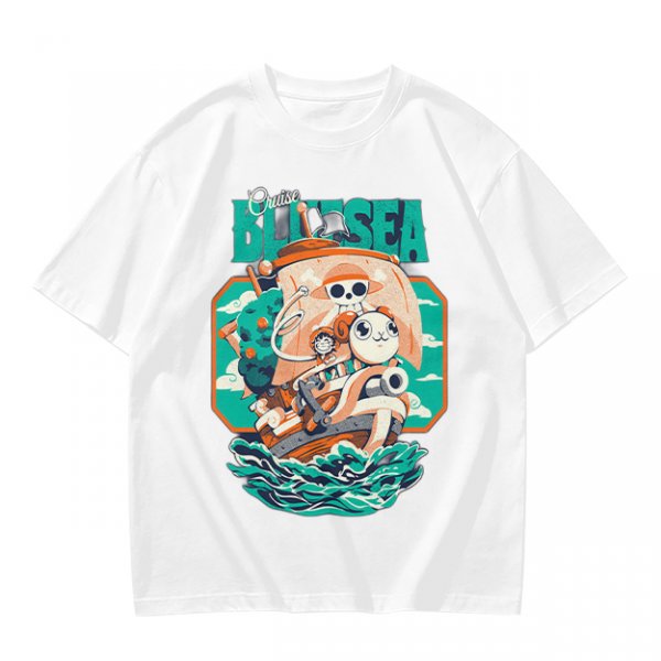 Olive T-Shirt with Cartoon Pirate Ship Blue Sea Cruise Print