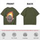 Olive green t-shirt with cute cartoon flaming asteroid graphic