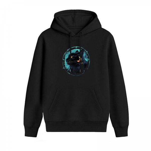 Black Hoodie With Mystical Black Cat And Teal Circular Art Print