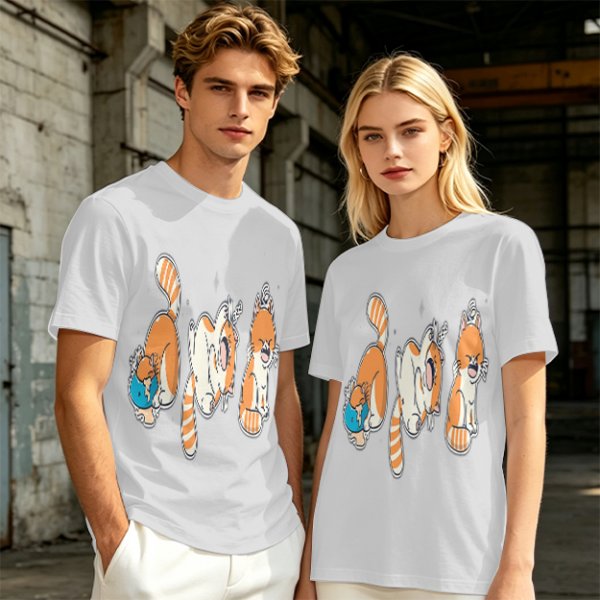 Olive T-Shirt With Playful Orange Cat Illustrations