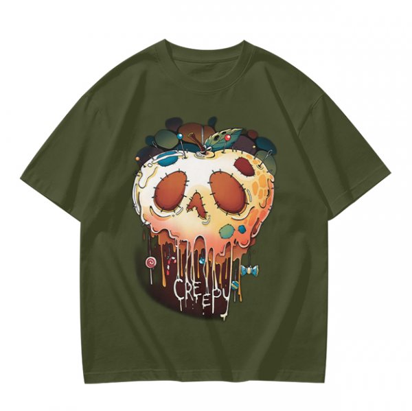 Olive Green T-Shirt With Creepy Melting Skull Apple Graphic