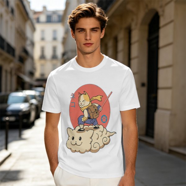 Olive T-shirt with a cat warrior riding a flying cloud graphic