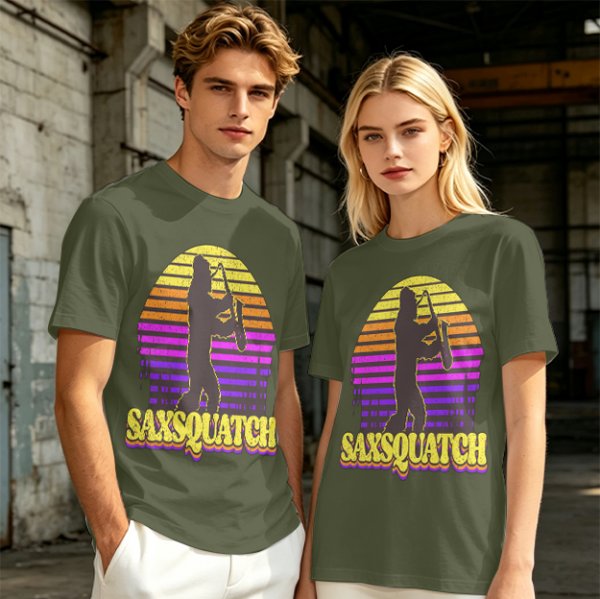 Saxsquatch Bigfoot Playing Saxophone Retro Sunset T-Shirt