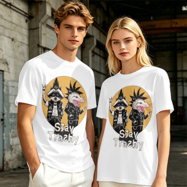 Olive graphic tee with punk raccoon and opossum 'Stay Trashy' print