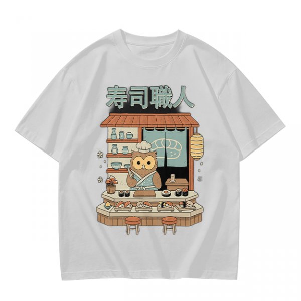 Owl sushi chef at Japanese sushi shop graphic t-shirt