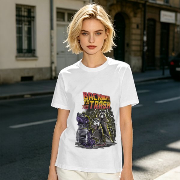 Olive graphic t-shirt with Back to the Trash raccoon design