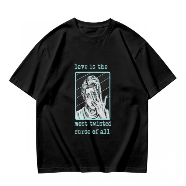 Olive Graphic T-Shirt With Twisted Love Curse Quote And Anime Art