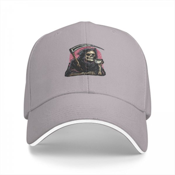 Black Baseball Cap With Grim Reaper Holding Scythe And Drink Graphic