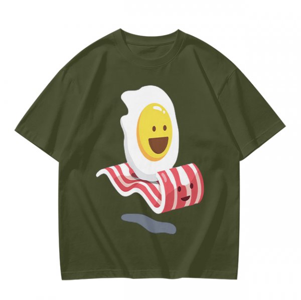 Olive T-Shirt With Happy Fried Egg And Bacon Graphic Print
