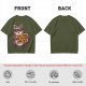 Olive t-shirt with a raccoon holding a fast food trash sign