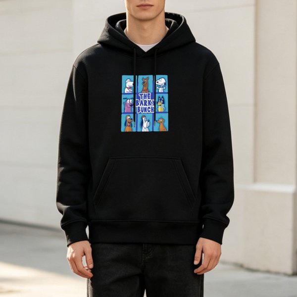 Black hoodie featuring The Barky Bunch cartoon dog characters