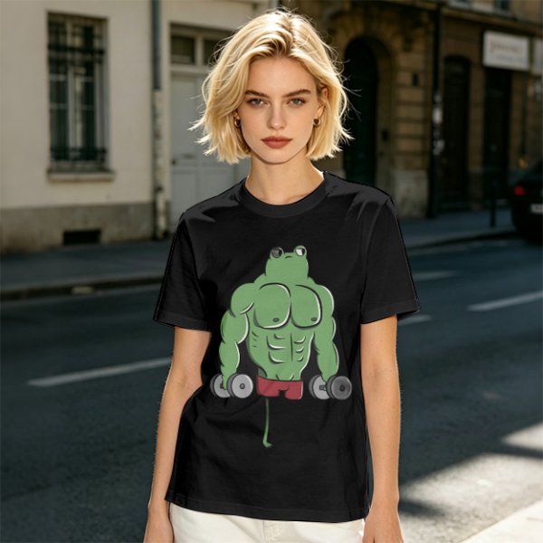Oversized Army Green T-Shirt With Muscular Frog Lifting Dumbbells Print