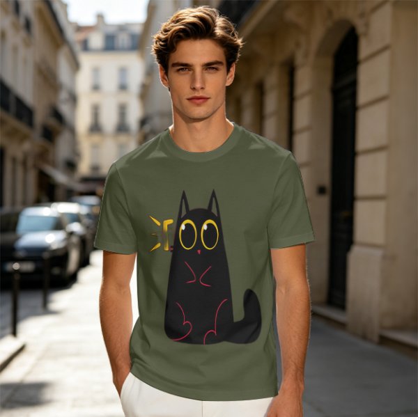 Olive Green T-Shirt With Surprised Black Cat Graphic Print