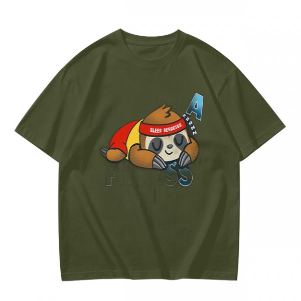 Olive green t-shirt with sleeping sloth graphic design