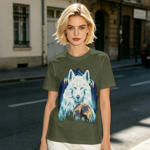 Olive T-Shirt With White Wolf And Howling Wolf Moon Graphic