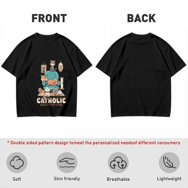 Olive T-Shirt With Funny Cat Graphic 'Catholic' Print