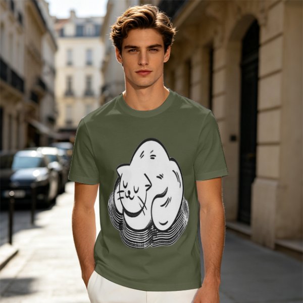 Olive Green T-Shirt With Sleeping Curled Cat Graphic Print