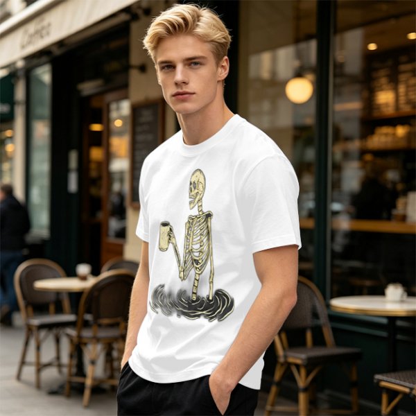 Olive Skeleton Holding Coffee Mug In Water Graphic T-Shirt