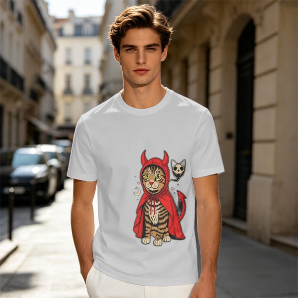 Olive T-shirt with a tabby cat in a devil hood and skull cat graphic