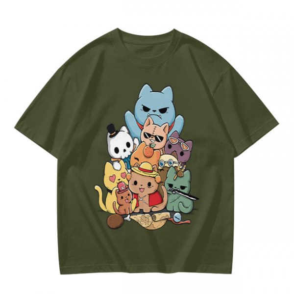 Olive T-Shirt With Chibi Pirate Cats Group Graphic