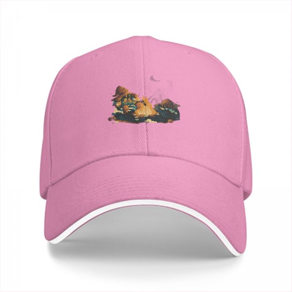 Black Baseball Cap With Campfire And Characters Graphic Print