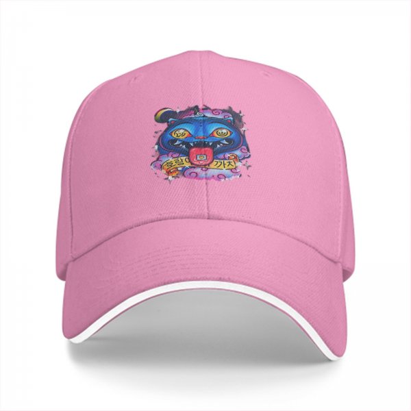 Black baseball cap with psychedelic blue cat graphic design