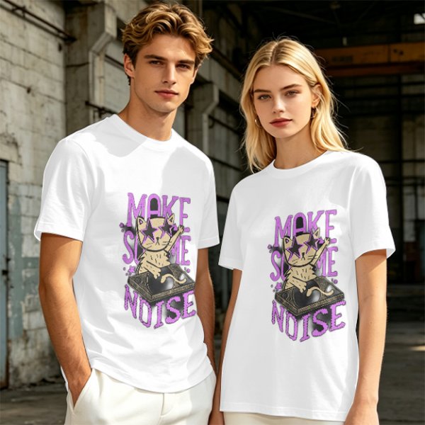 Olive T-Shirt with DJ Cat Graphic and Make Some Noise Text