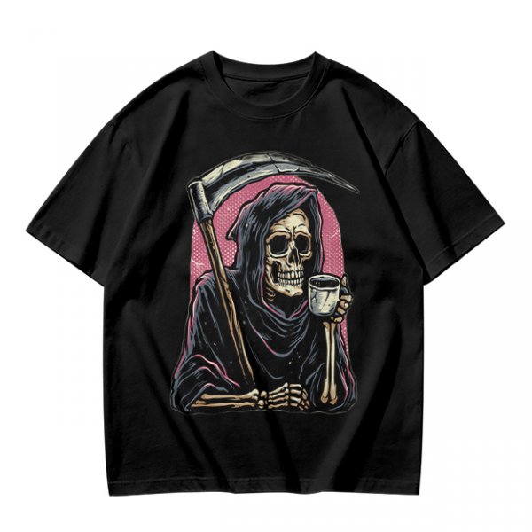 Olive T-Shirt Featuring Grim Reaper Holding Coffee and Scythe