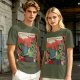 Olive t-shirt with comic print of Hulk and Thor mid-smashed interaction