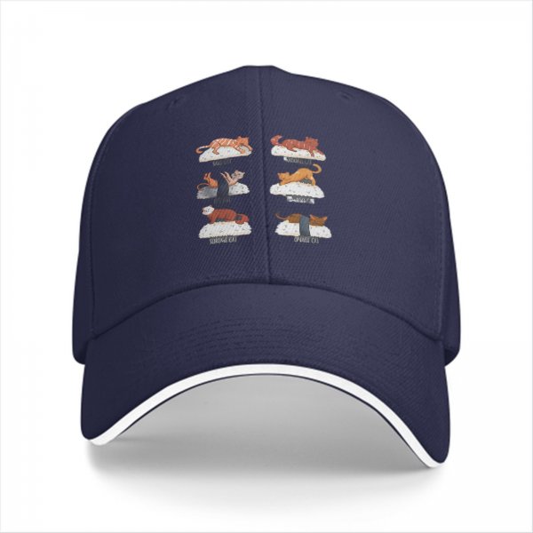 Black Baseball Cap With Sushi Cat Illustrations